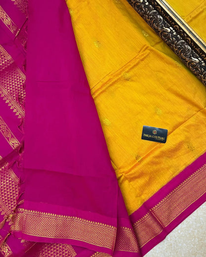 MANGO YELLOW COTTON SILK FULL BUTTA SAREE WITH PINK BORDER