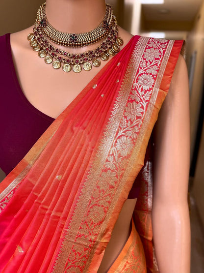 PINK ORANGE DUAL SHADE SOFT ART SILK SAREE WITH ZARI WEAVE BORDER