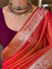 PINK ORANGE DUAL SHADE SOFT ART SILK SAREE WITH ZARI WEAVE BORDER
