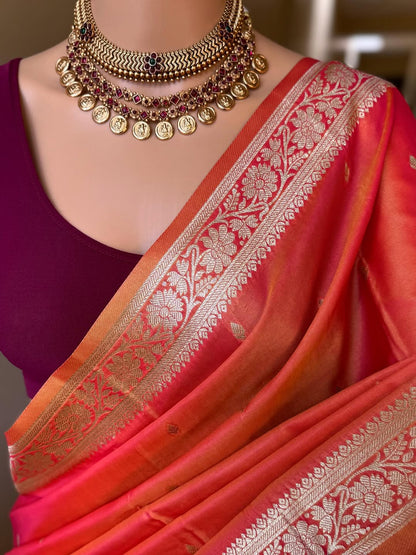 PINK ORANGE DUAL SHADE SOFT ART SILK SAREE WITH ZARI WEAVE BORDER