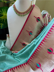 TURQUOISE BLUE LOTUS ART SILK SAREE