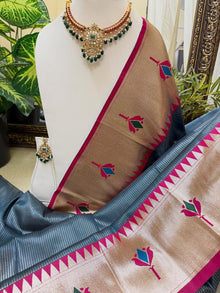 TEAL BLUE LOTUS ART SILK SAREE