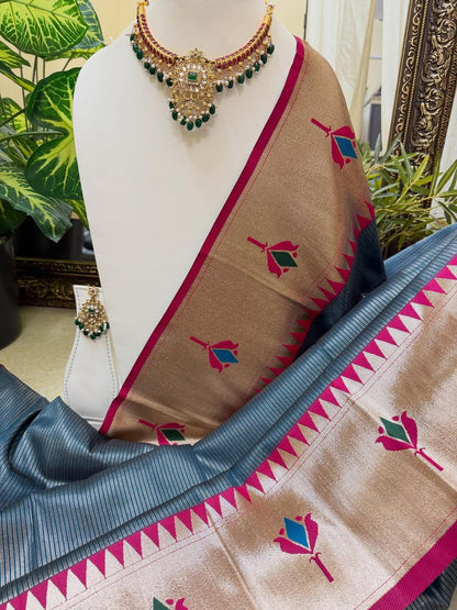 TEAL BLUE LOTUS ART SILK SAREE