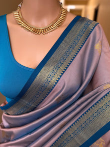 COPPER BLUE SOFT ART SILK SAREE WITH TEAL BLUE ZARI WEAVE BORDER