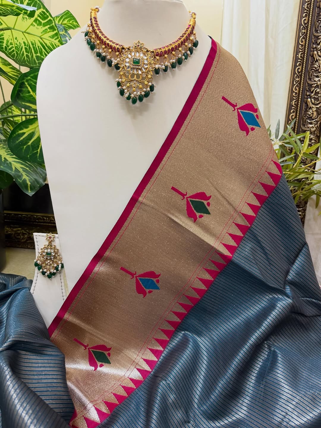 TEAL BLUE LOTUS ART SILK SAREE