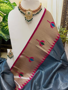 TEAL BLUE LOTUS ART SILK SAREE