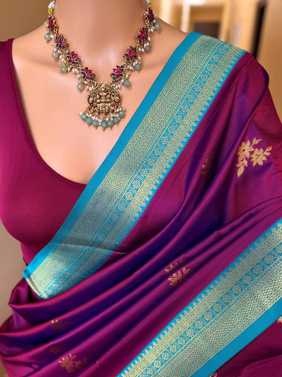 MAGENTA DUAL SHADE ART SILK SAREE WITH SKY BLUE BORDER