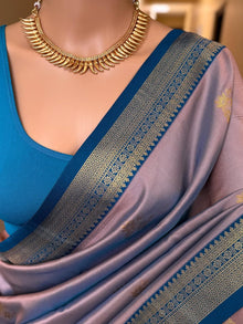 COPPER BLUE SOFT ART SILK SAREE WITH TEAL BLUE ZARI WEAVE BORDER