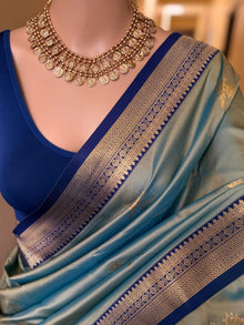 AQUA GREEN DUAL SHADE ART SILK SAREE WITH NAVY BLUE ZARI WEAVE BORDER