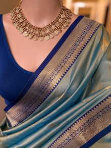 AQUA GREEN DUAL SHADE ART SILK SAREE WITH NAVY BLUE ZARI WEAVE BORDER