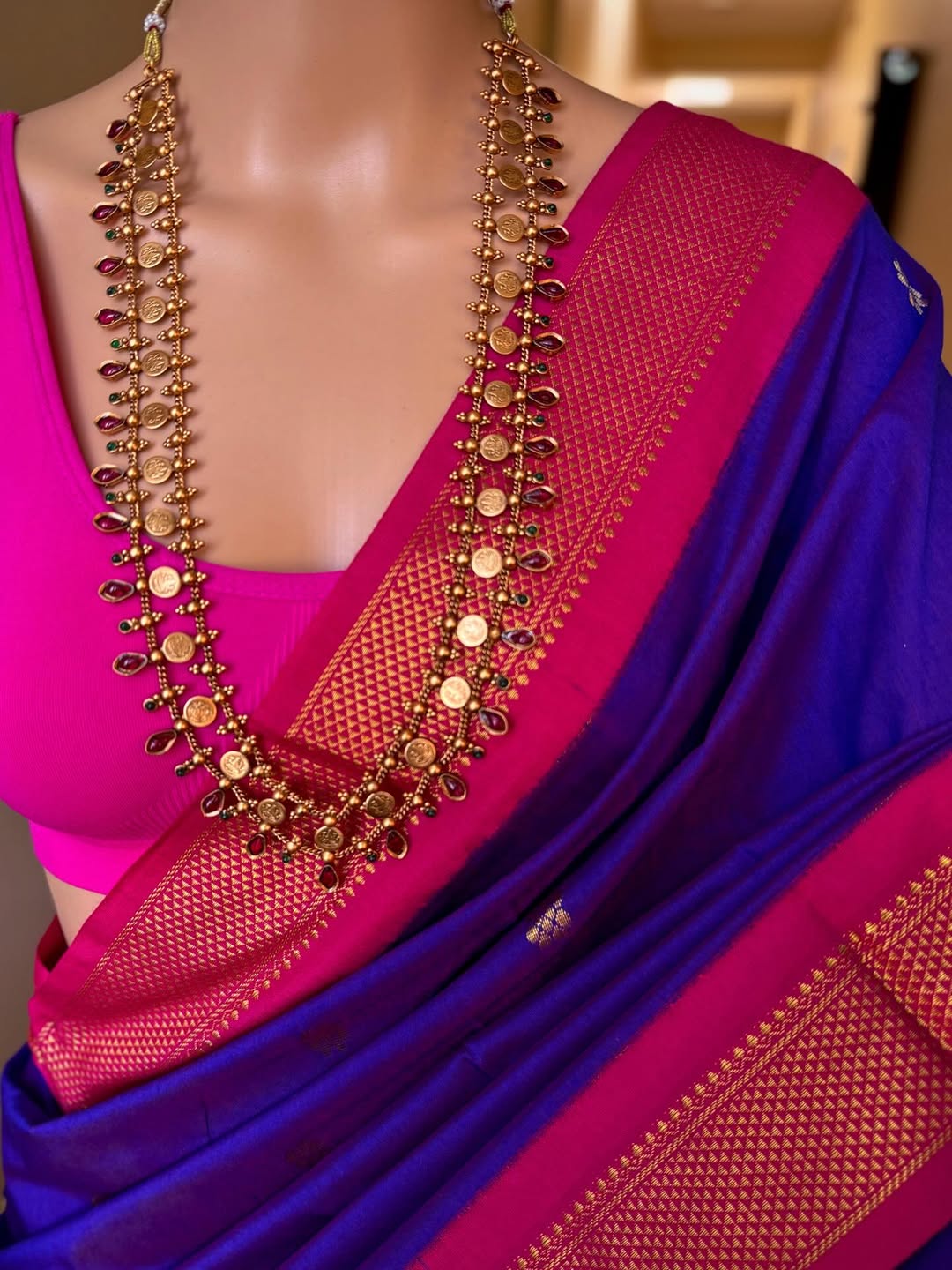 VIOLET DUAL SHADED COTTON SILK FULL BUTTA SAREE WITH GOLDEN ZARI PINK BORDER