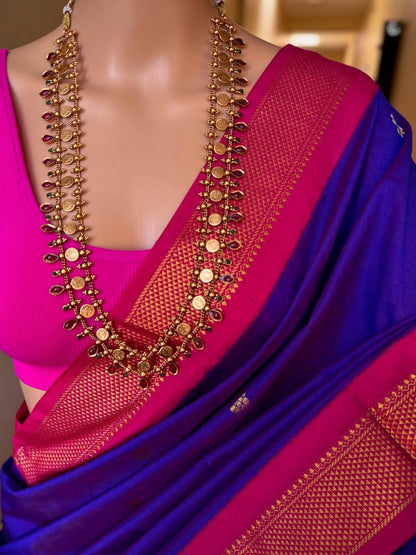 VIOLET DUAL SHADED COTTON SILK FULL BUTTA SAREE WITH GOLDEN ZARI PINK BORDER