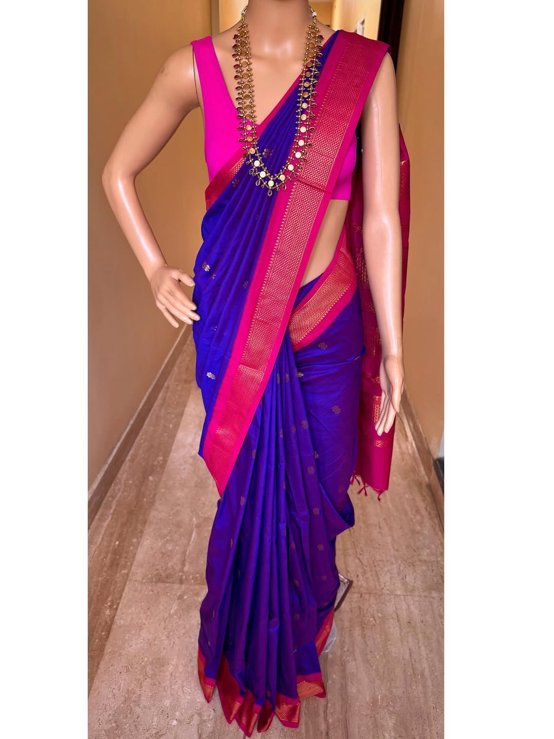 VIOLET DUAL SHADED COTTON SILK FULL BUTTA SAREE WITH GOLDEN ZARI PINK BORDER