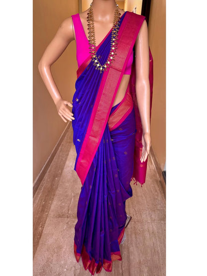 VIOLET DUAL SHADED COTTON SILK FULL BUTTA SAREE WITH GOLDEN ZARI PINK BORDER