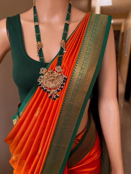 ORANGE DUAL SHADE SOFT ART SILK SAREE WITH GREEN ZARI WEAVE BORDER