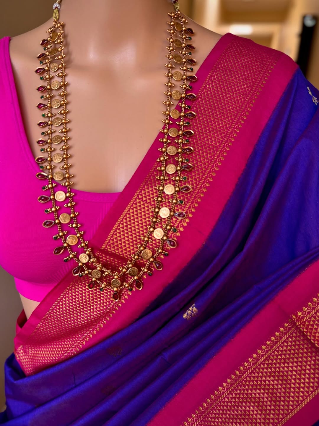 VIOLET DUAL SHADED COTTON SILK FULL BUTTA SAREE WITH GOLDEN ZARI PINK BORDER