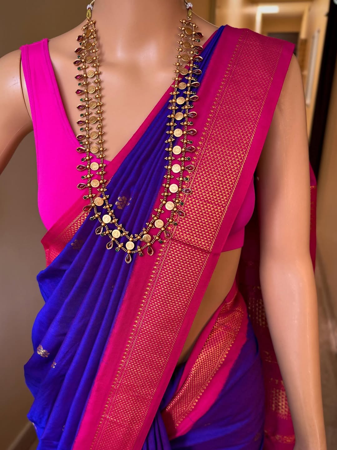 VIOLET DUAL SHADED COTTON SILK FULL BUTTA SAREE WITH GOLDEN ZARI PINK BORDER