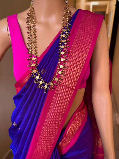 VIOLET DUAL SHADED COTTON SILK FULL BUTTA SAREE WITH GOLDEN ZARI PINK BORDER