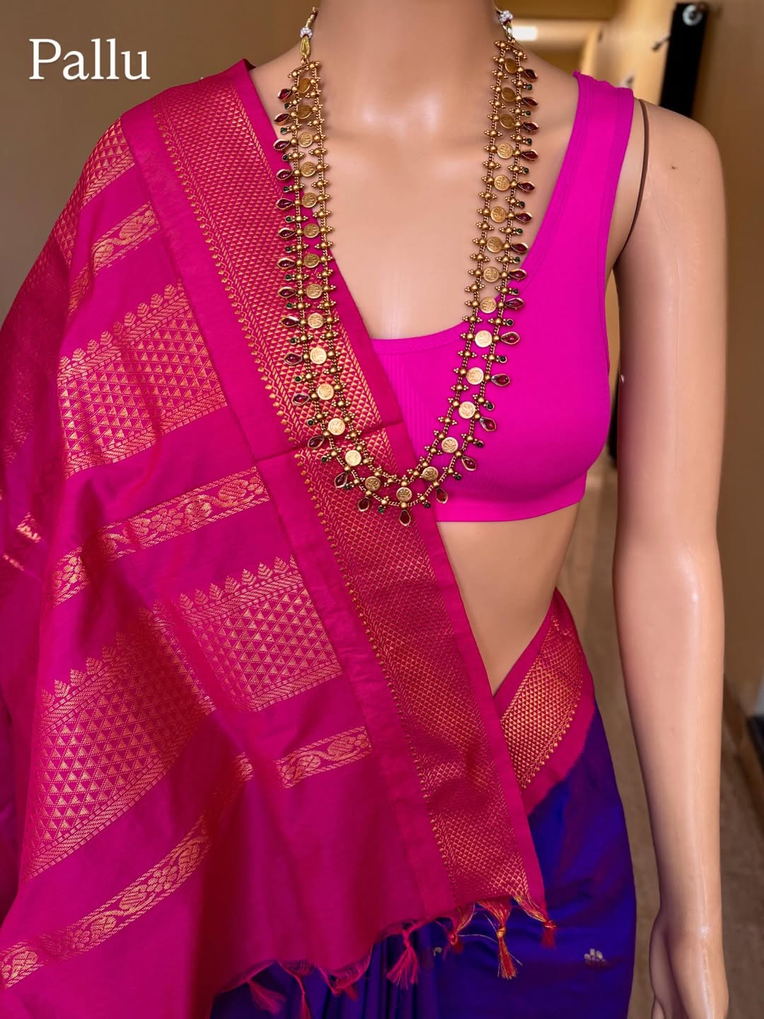 VIOLET DUAL SHADED COTTON SILK FULL BUTTA SAREE WITH GOLDEN ZARI PINK BORDER