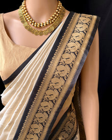 OFF WHITE ART SILK SAREE WITH BLACK BORDER