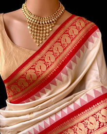 OFF WHITE ART SILK SAREE WITH RED BORDER
