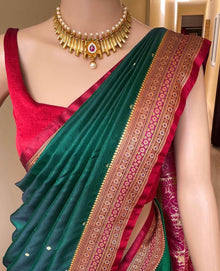 BOTTLE GREEN SATIN SILK SAREE WITH RED BORDER
