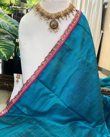 SKY BLUE DUPION COTTON SAREE WITH PINK LACE