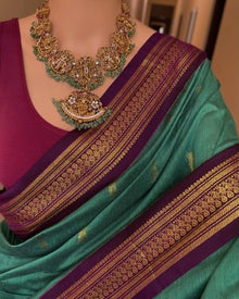 VIRIDIAN GREEN COTTON SILK SAREE WITH MAGENTA BORDER