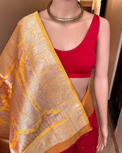 CHILLI RED ART SILK SAREE WITH YELLOW BORDER