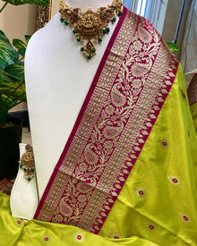 PEAR GREEN ART SILK SAREE WITH CONTRAST PINK BORDER