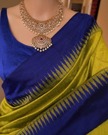 PEAR GREEN COTTON SILK SAREE WITH BLUE TEMPLE BORDER