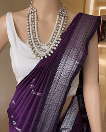 DARK WINE COTTON SILK SAREE WITH SILVER BORDER