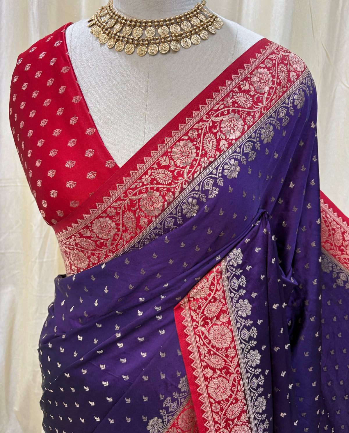 Violet soft mulmul silk saree qith red border.