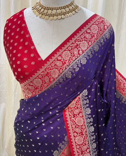 Violet soft mulmul silk saree qith red border.