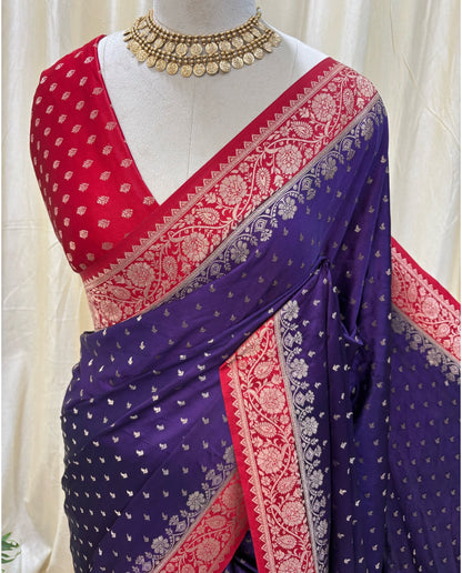 Violet soft mulmul silk saree qith red border.