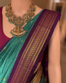 VIRIDIAN GREEN COTTON SILK SAREE WITH MAGENTA BORDER