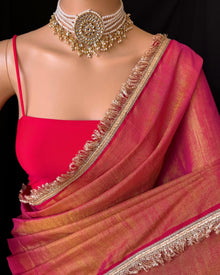 PINK GOLD TISSUE SAREE WITH LACE