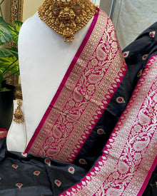BLACK ART SILK SAREE WITH PINK CONTRAST BORDER