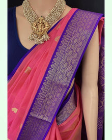 PEACH KORA COTTON SAREE WITH VIOLET BORDER
