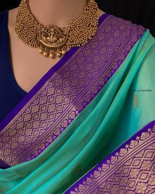 TURQUOISE KORA COTTON SAREE WITH VIOLET BORDER