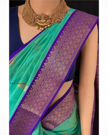 TURQUOISE KORA COTTON SAREE WITH VIOLET BORDER