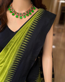PARROT GREEN COTTON SILK SAREE WITH BLACK TEMPLE BORDER