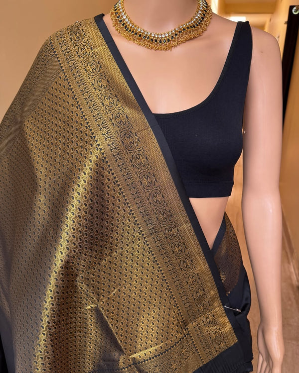 BLACK ART SILK SAREE WITH GOLDEN BORDER