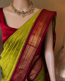 PEAR GREEN COTTON SILK SAREE WITH RED BORDER