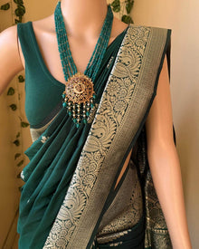 BOTTLE GREEN ART SILK SAREE WITH SILVER GOLD ZARI BORDER