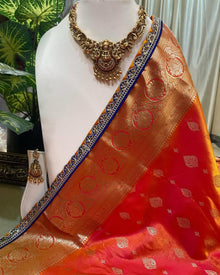 PINK ORANGE SATIN SAREE WITH BLUE LACE