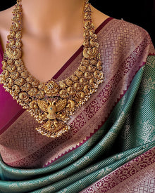 BOTTLE GREEN ART SILK SAREE WITH MAGENTA GOLD ZARI BORDER