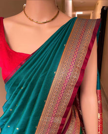 PEACOCK GREEN SATIN SILK SAREE WITH RED BORDER