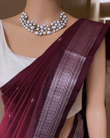 MAROON SILK COTTON SAREE WITH SILVER BORDER