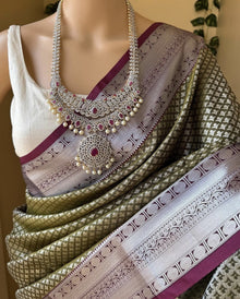 OLIVE GREEN ART SILK SAREE WITH PINK BORDER